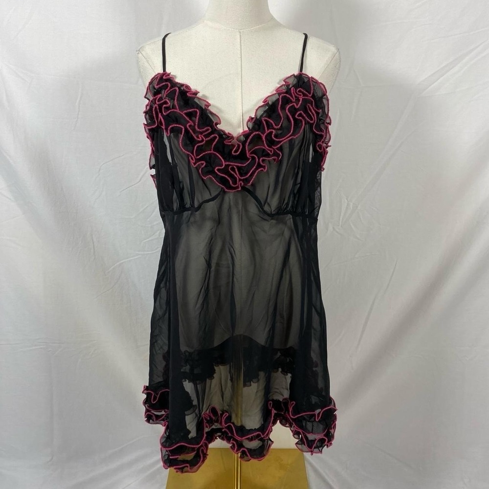 Cacique black sheer slip top pink ruffles size 14 y2k lingerie dainty